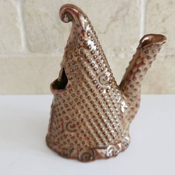 Handmade Pottery Whatsit Vase, Spotted Creative Unusual Decor Signed Brown Ceram - Picture 1 of 8